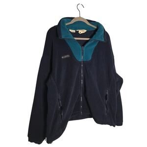 Vintage Womens Large Columbia full-zip Fleece Jacket Navy Blue Teal Collar Warm